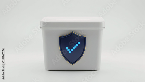Modern digital security shield graphic on a sleek white container with abstract pixel design inside