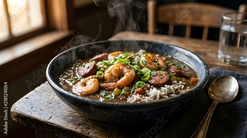 Steaming bowl of authentic cajun shrimp and sausage gumbo served with white rice perfect for national gumbo day