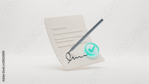 White notepad with pen signing document and checkmark icon approval symbol graphic design