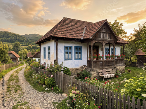 Traditional Romanian countryside house / Balkan village house in summer