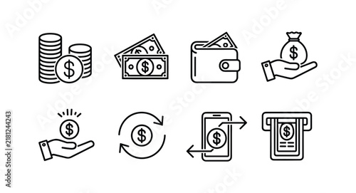 Collection of financial icons representing money coins bills wallet hand holding money bag and ATM machine