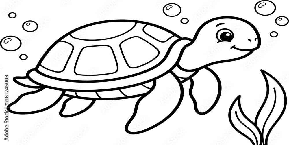 Fototapeta premium Cute cartoon sea turtle swimming underwater with bubbles and seaweed for children coloring book page