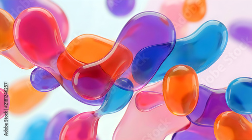 Abstract fluid art background with colorful transparent bubbles and liquid shapes creating a vibrant and dynamic composition.