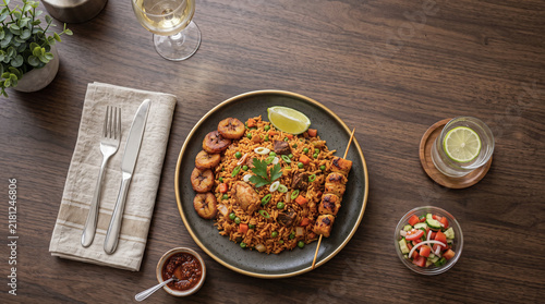 African dish: Jollof rice dish, on a table seen from above with copy space, ad image traditional African food
