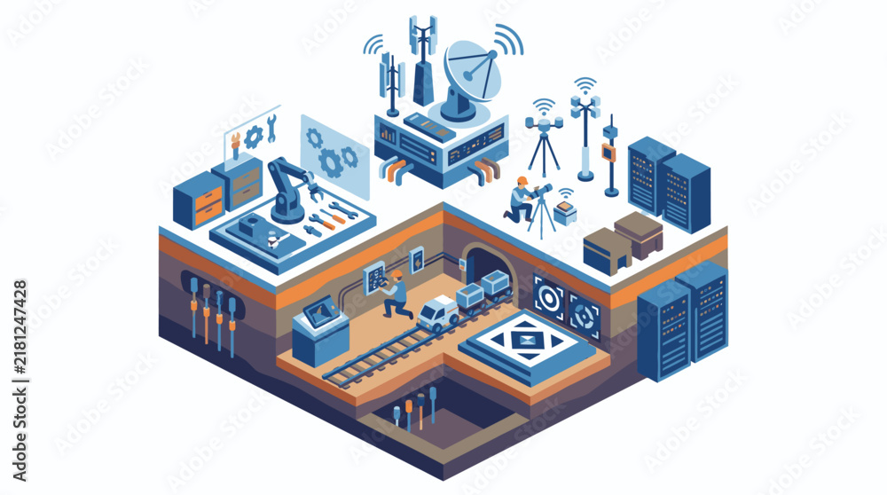 Fototapeta premium Dynamic Isometric of Smart Factory with IoT Robotics and Automation Technology with high quality professional line art symbols for modern creative design and digital branding projects