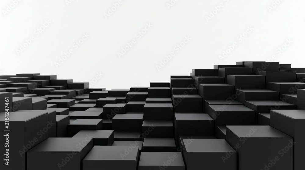 Fototapeta premium 3D render of abstract black rectangular blocks arranged in a flowing wave formation, isolated on white background, for business presentation, architectural design