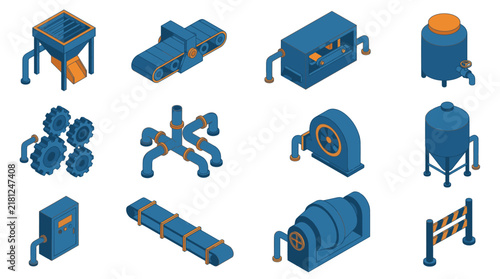 Dynamic Isometric Illustrations of Industrial Machinery and Equipment in Blue and Orange with high quality professional line art symbols for modern creative design and digital branding projects