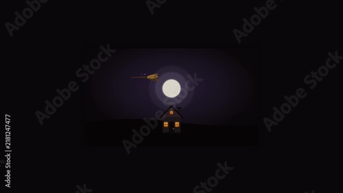 Premium seamless loop animation featuring a small haunted house with warm glowing windows under a moonlight sky. A classic witch broom magically levitates and flies in a continuous smooth pattern abov
