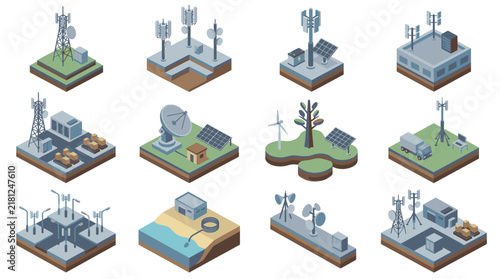 Modern Isometric Illustrations of Various Telecommunications and Renewable Energy Infrastructure Setups