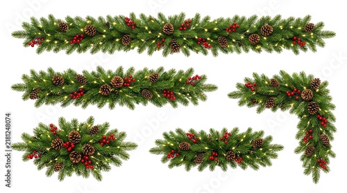 Various evergreen christmas garland arrangements with red berries and pine cones