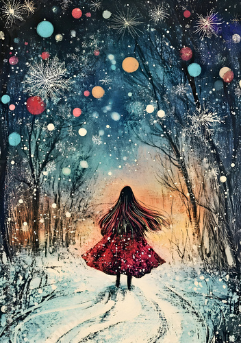 Magical Winter Forest with Girl and Falling Snow