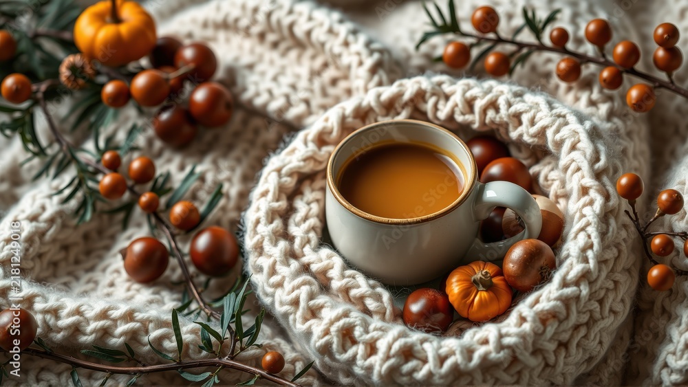 Fototapeta premium Cozy autumn scene. Coffee cup rests amid pumpkins, berries, knit texture. Warm tones evoke seasonal comfort, stillness.