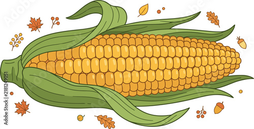 Fresh Sweet Corn on the Cob with Husk and Autumn Harvest Leaves Vector Illustration