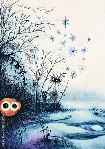 Whimsical Winter Forest with Falling Snow and Magical Creature