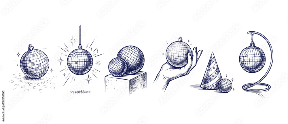 Obraz premium Disco ball sketch party illustration set with vintage hand drawn mirror balls hanging and resting on pedestal for celebration dance event background vector graphic. Elegant retro line art collection.