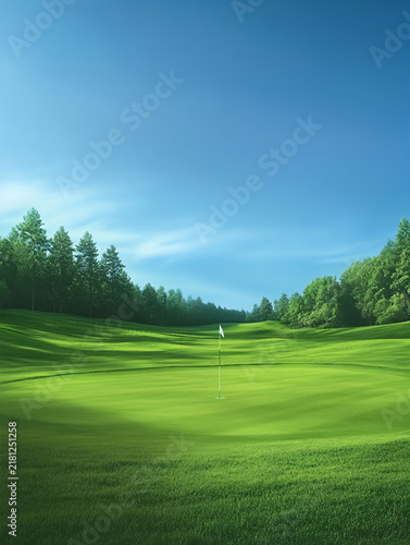Golf green with white flag on rolling fairway under clear blue sky