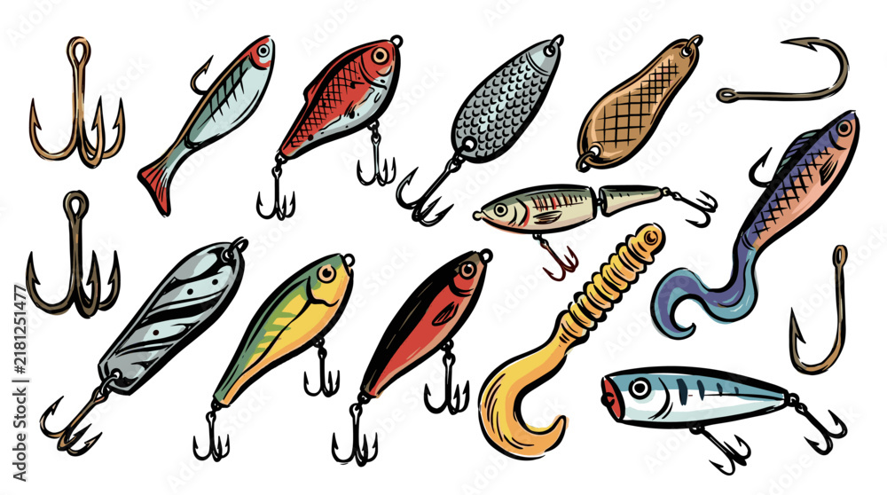 Fototapeta premium Hand drawn fishing lures set. Vintage fishing tackle illustration for hobbyists. Various fishing bait and hooks collection. Sport fishing gear vector design on white background.