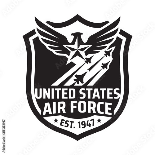 United states air force logo emblem with eagle star and jet fighter planes in a black and white shield design Vector