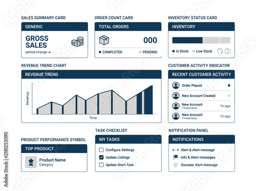 Minimalist blue dashboard user interface kit, vector infographics set with charts, graphs, forms and data visualization elements for web design