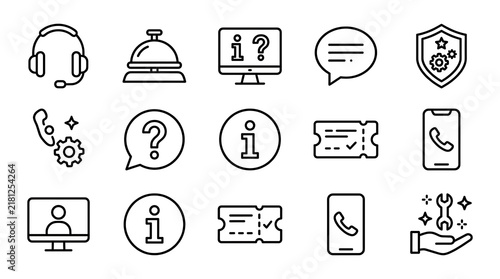 Set of outline customer service support and communication icons with headset bell and information symbols information question computer communication