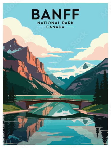 Banff National Park Lake and Glacier View Poster, Turquoise Water, Snowy Peaks, Evergreen Forest, Canadian Mountain Landscape
