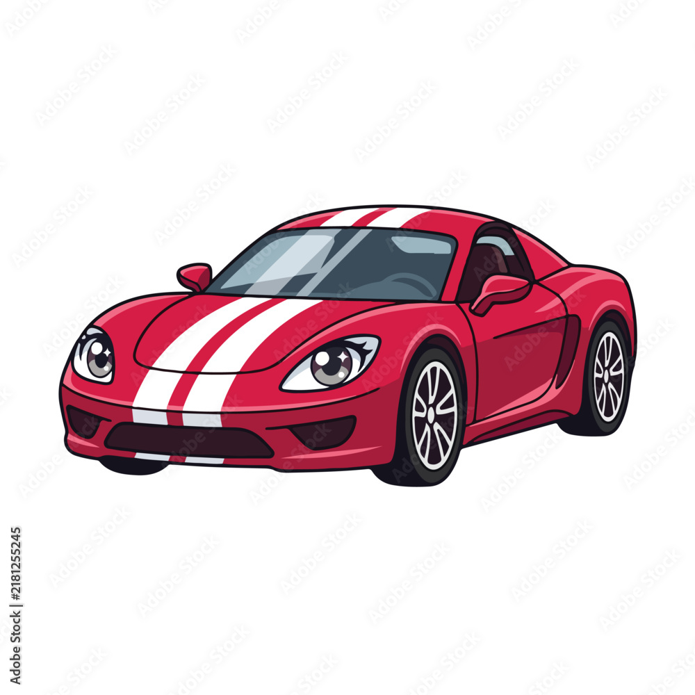 Fototapeta premium Red sports car illustration with dual white racing stripes isolated on a plain white background.