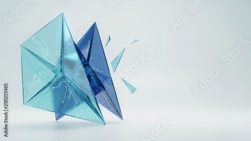 Translucent blue geometric polyhedron with circuit board patterns