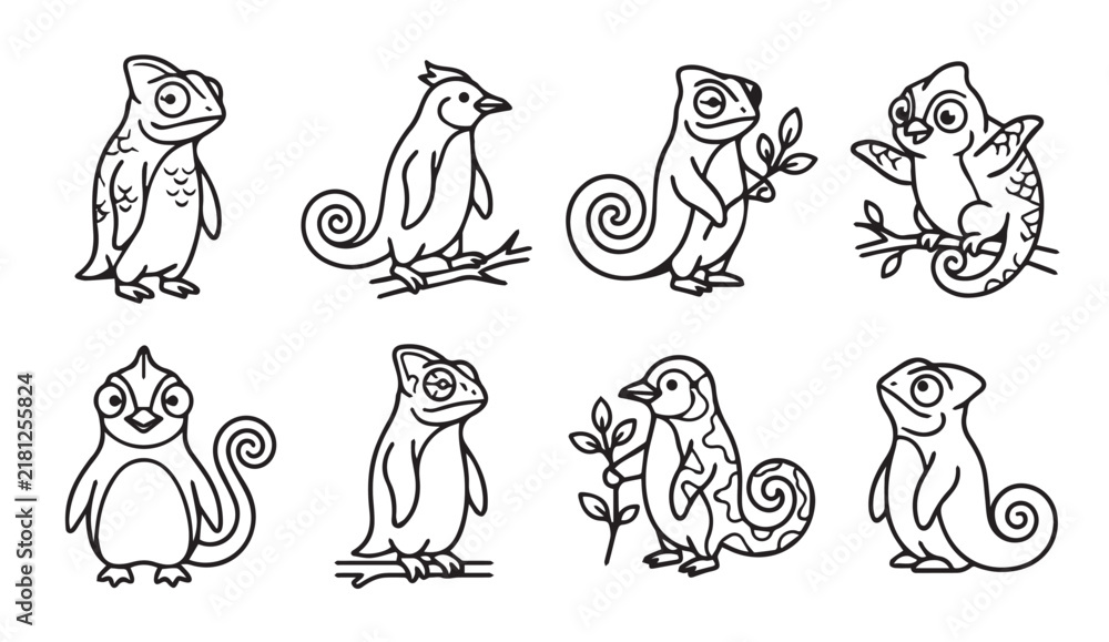 Obraz premium Whimsical cartoon chameleons and birds with playful poses in simple line art style for children's illustrations