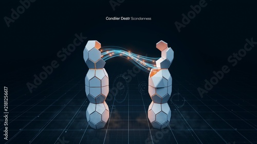 Two stacked geometric hexagonal pillars connected by glowing light streams