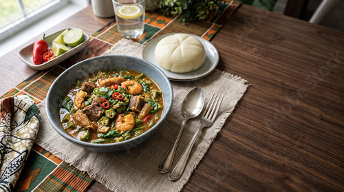 African stew dish: okra dish, on a table seen from above with copy space, ad image traditional African food