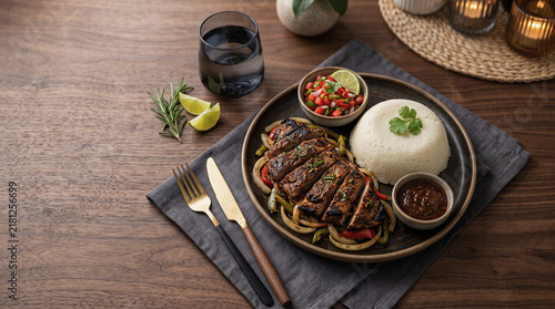 African dish: Nyama Choma and Ugali dish on a table seen from above with copy space, ad image traditional African food