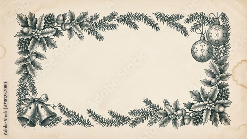 Vintage christmas border with holly, pine branches, bells, and ornaments