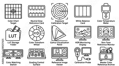 Foto Professional color grading icons, 15 video production calibration symbols, cinem