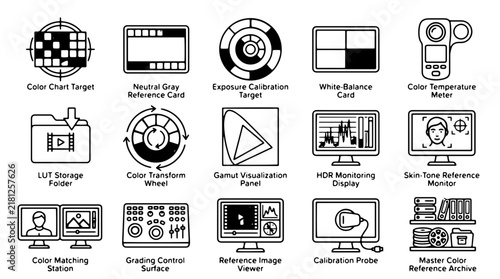 Bild auf Leinwand Professional color grading icons, 15 video post-production calibration symbols