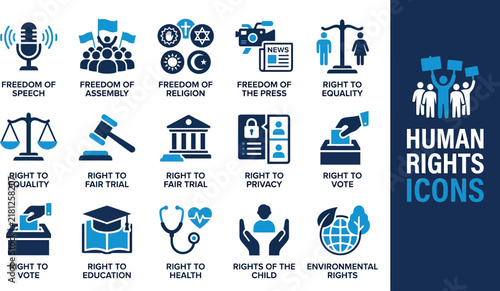 Obraz na plátne Human rights icons set, blue social justice symbols for equality and freedom, 15