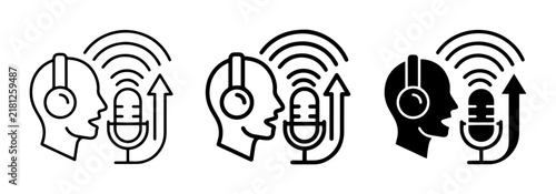Podcast Icons: Headset Speaker, Microphone, Sound Waves, Audio Recording, Communication Symbol