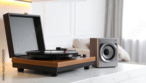 Vintage style vinyl record player with a modern speaker on a white table.