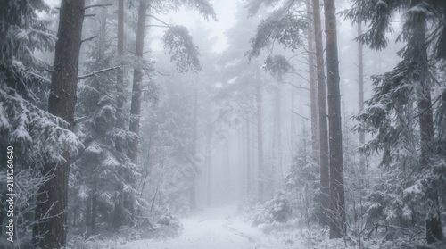 A person in a red jacket standing alone on a snowy path inside a foggy forest