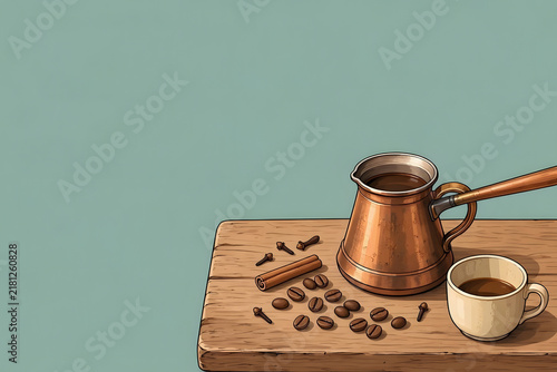 Copper coffee pot and white cup on wooden table with coffee beans and spices, soft light. Illustration for coffee blog or recipe card design.
