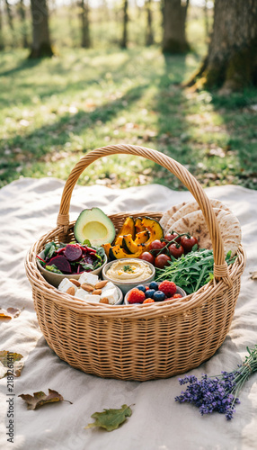 A woven picnic basket filled with fresh vegan foods sits on a linen blanket in a sunlit forest. Podcast cover for themes of healthy eating and mindful outdoor living.