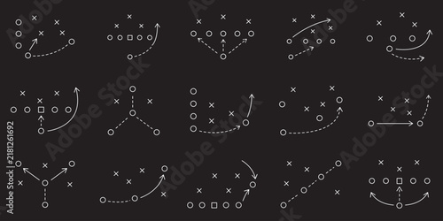 American Football Strategy Playbook Icons Set, Tactical Game Plan Diagrams with X and O Players, Movement Arrows, Coaching Strategy Symbols, Sports Training Vector Illustration.eps10