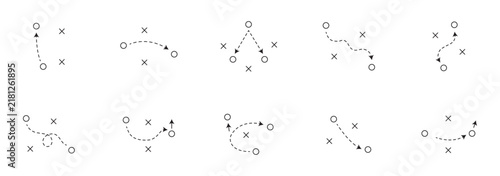 Football Strategy Playbook Icons Set, Tactical Game Plan Diagrams with X and O Players, Movement Arrows. Grid of 10 sports strategy diagrams using symbolic player icons.