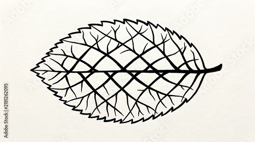 Minimalist black line art illustration of a single leaf with detailed veins on a clean white background, suitable for botanical, nature, coloring book, and graphic design concepts