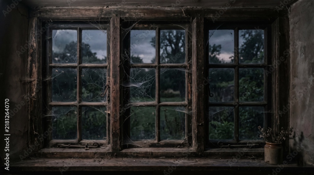 Obraz premium Delicate cobwebs stretched across an old wooden window frame