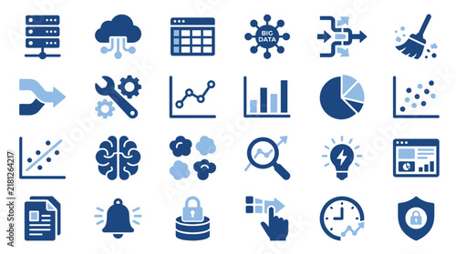 Set of blue data analytics and technology icons featuring cloud computing database server server management and business intelligence symbols