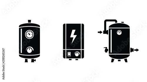 Black silhouette icons of various water heating systems