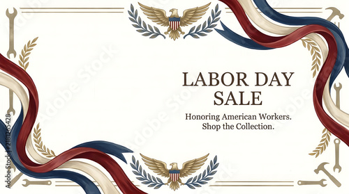 Vintage style Labor Day sale background with patriotic ribbons and american eagle