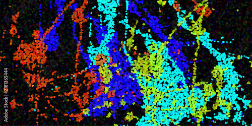 Photography Energetic abstract pointillist explosion of vibrant red blue yellow and cyan dot