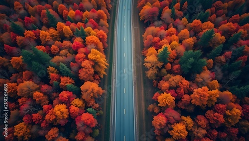 Aerial top down view of a road through autumn forest with red leaves