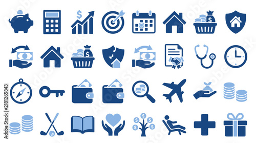 Set of blue financial and lifestyle icons for business planning and personal finance management isolated on white